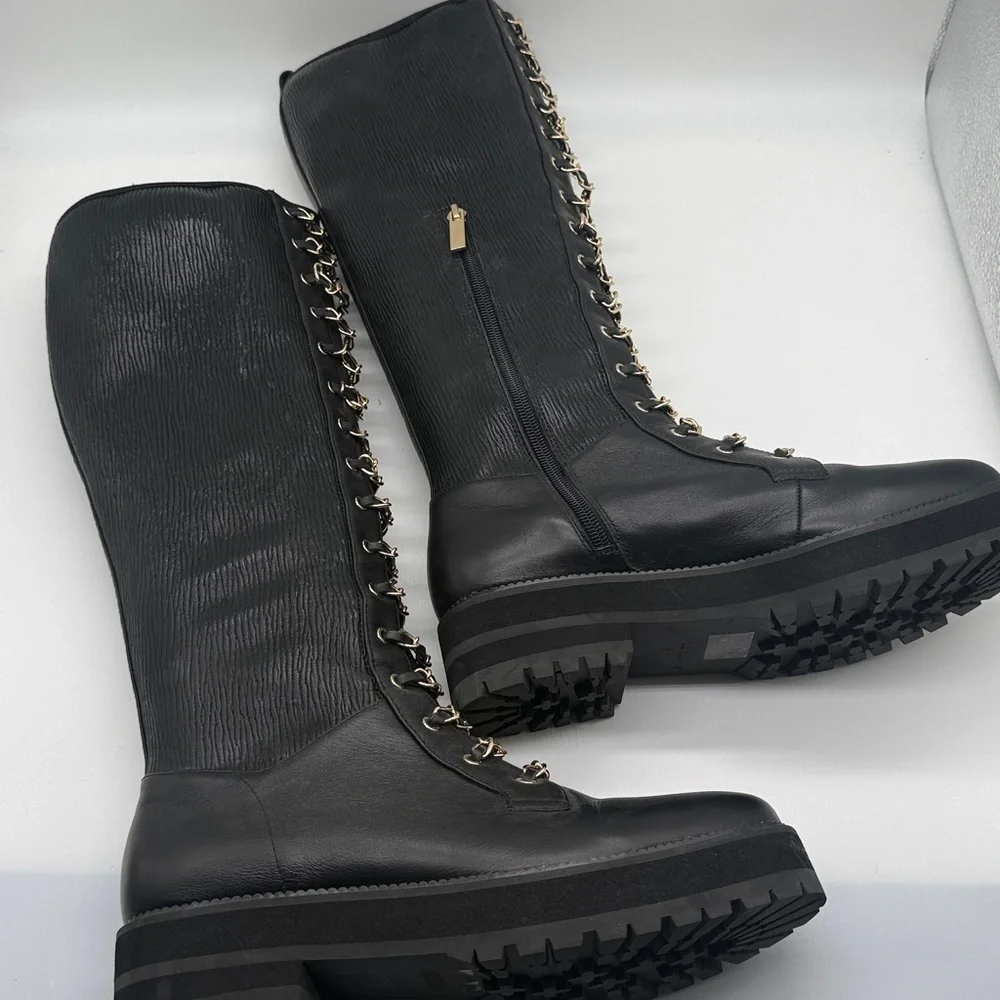 Cecelia New York Gold Chain Lace Knee High Tiny Leather Boot 8.5 Black